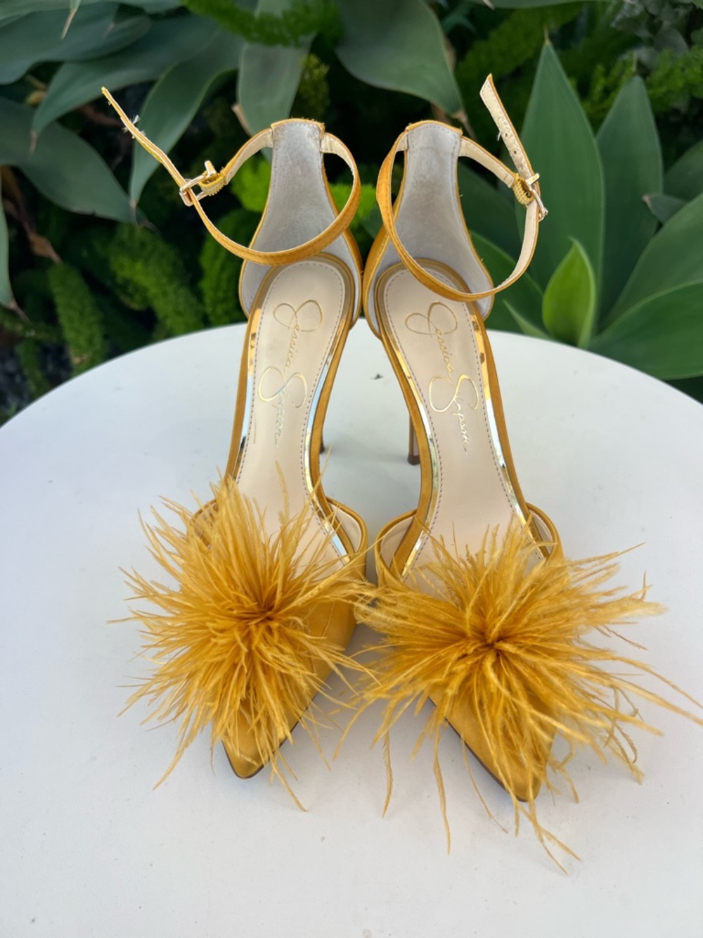 Jessica Simpson Yellow Feather Pom Ankle-Strap Heels